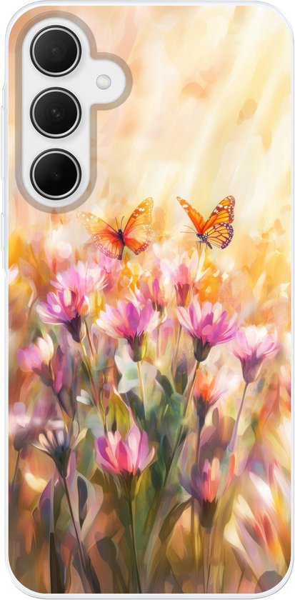 Coque de téléphone avec un imprimé pictural de fleurs roses et deux papillons orange sur un fond ensoleillé et flou.