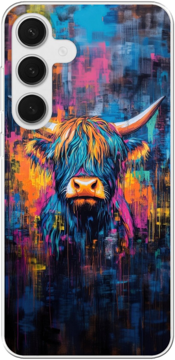 Telefoonhoesje Geschikt voor Samsung Galaxy S25 Plus hoesje - Schotse Hooglander - Abstract - Kleurrijk - Siliconen Telefoonhoesje Telefoonhoesje