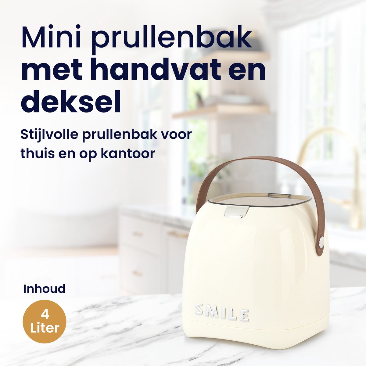 Mini Prullenbak met Handvat en Drukdeksel – Compact & Stijlvol – Crème