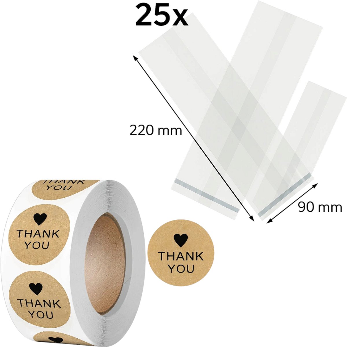 25x Uitdeelzakjes met Thank you stickers Hout | 220 x 90 mm | Traktatiezakjes | Kinderfeestje | Cellofaanzakjes | Cadeauzakjes | Snoepzakjes | Plastic Zakjes | Uitdeelzakjes kinderen | Cadeauzakjes Kinderen | Verpakkingszakjes Uitdeelcadeaus