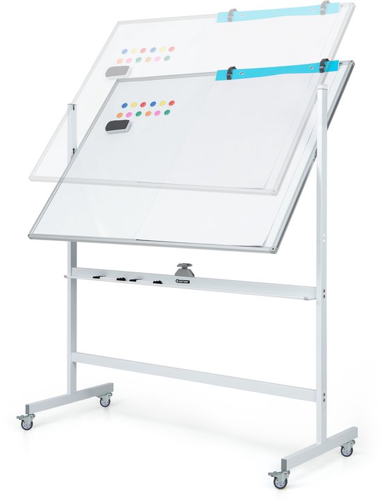 COSTWAY Dubbelzijdig mobiel whiteboard, 120 x 90 cm, droog afwasbaar magnetisch whiteboard met rasterpatroon, rollen, standaard en pennenbakje, incl. accessoires voor kantoor, thuis (wit)