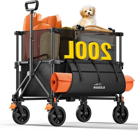 FREEDARE 150KG/260L Festival Trolley Kar Opvouwbare Wagon voor Camping, Strand en Picknick met Afneembare Grote Wielen Trek Langs Opvouwbare Tuin Wagon Cart met rem en Verstelbaar Stuur, Zwart