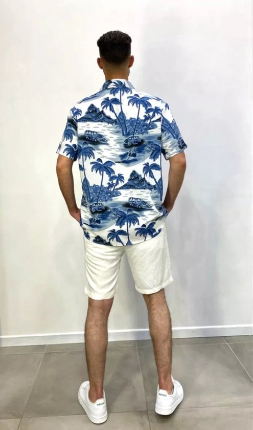 Chemise italienne d'été pour homme - Manches courtes - Imprimé palmiers - Col ouvert