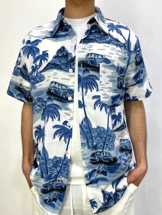 Chemise italienne d'été pour homme - Manches courtes - Imprimé palmiers - Col ouvert