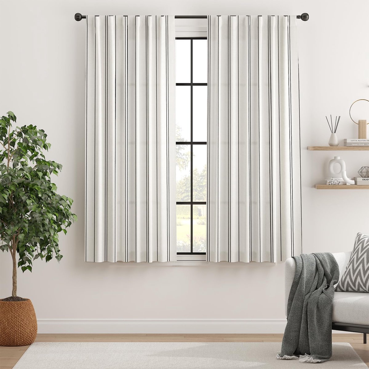 Ibenzoa Duurzame, Gestreepte Raamgordijnen met Lussen - Set van 2, 132x160cm, Zwart op Wit