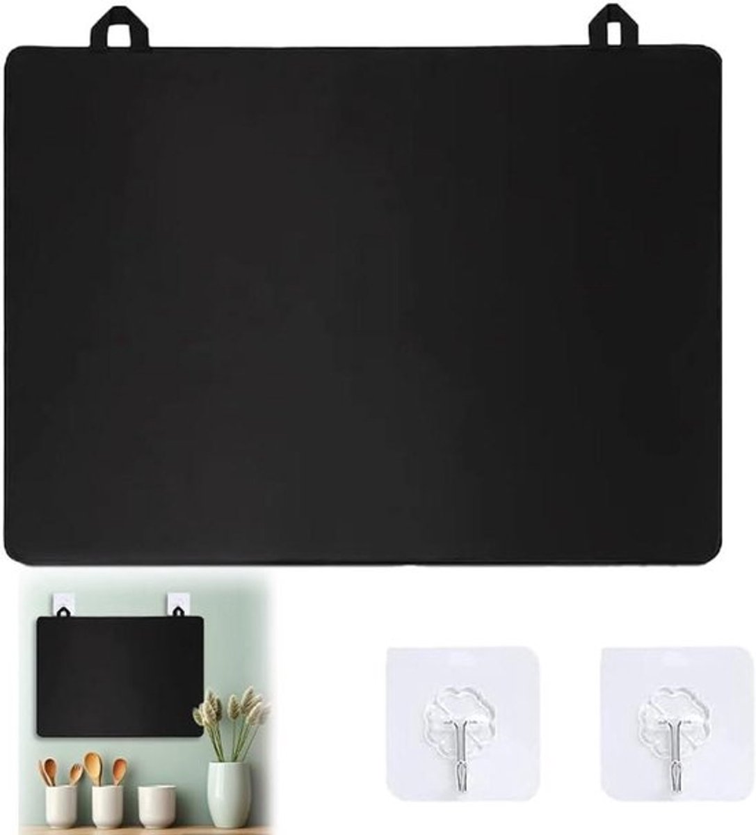 Titel: Afdekplaat voor fornuis 61 x 53 cm - Eendelig keukenafdekplaat met haken en beschermmat - Inductie & keramische kookplaat - Oprolbare rubberen mat zwart