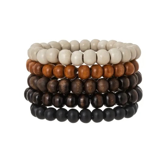 Set van vier gestapelde houten kralenarmbanden in wit, bruin, donkerbruin en zwart.
