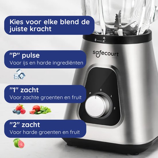 Close-up van de blender met bedieningspaneel. Iconen voor 'P' pulse, '1' zacht, '2' zacht.