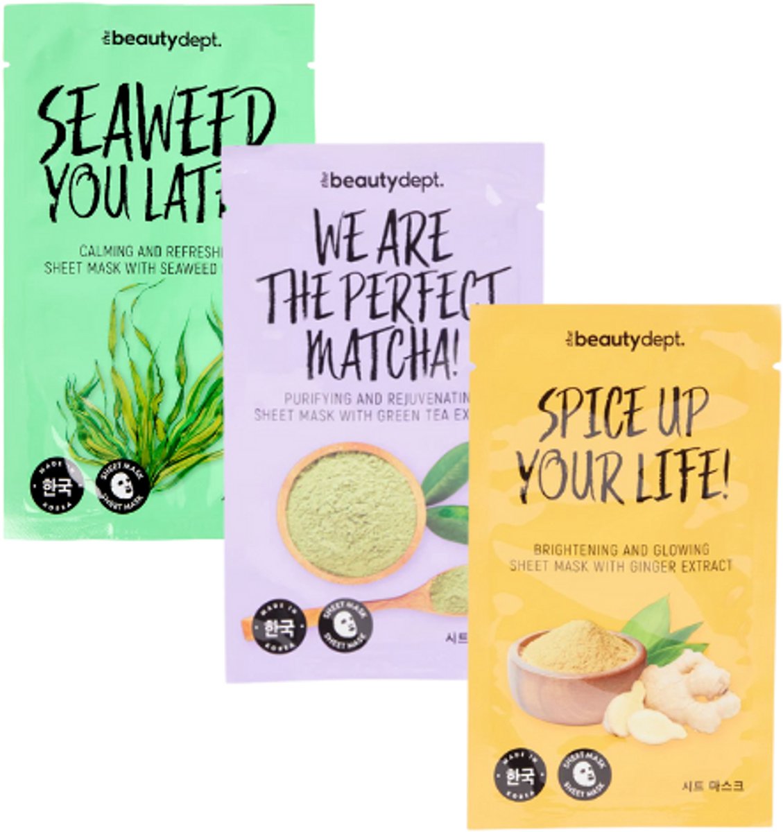 The Beauty Dept. Sheet mask - Koreaanse Gezichtsmasker - Set van 3 | 3x 20ml - Zeewier - Matcha - Gember | Korean Beauty Sheetmask - Hydraterend - Verzachtend - Herstellend