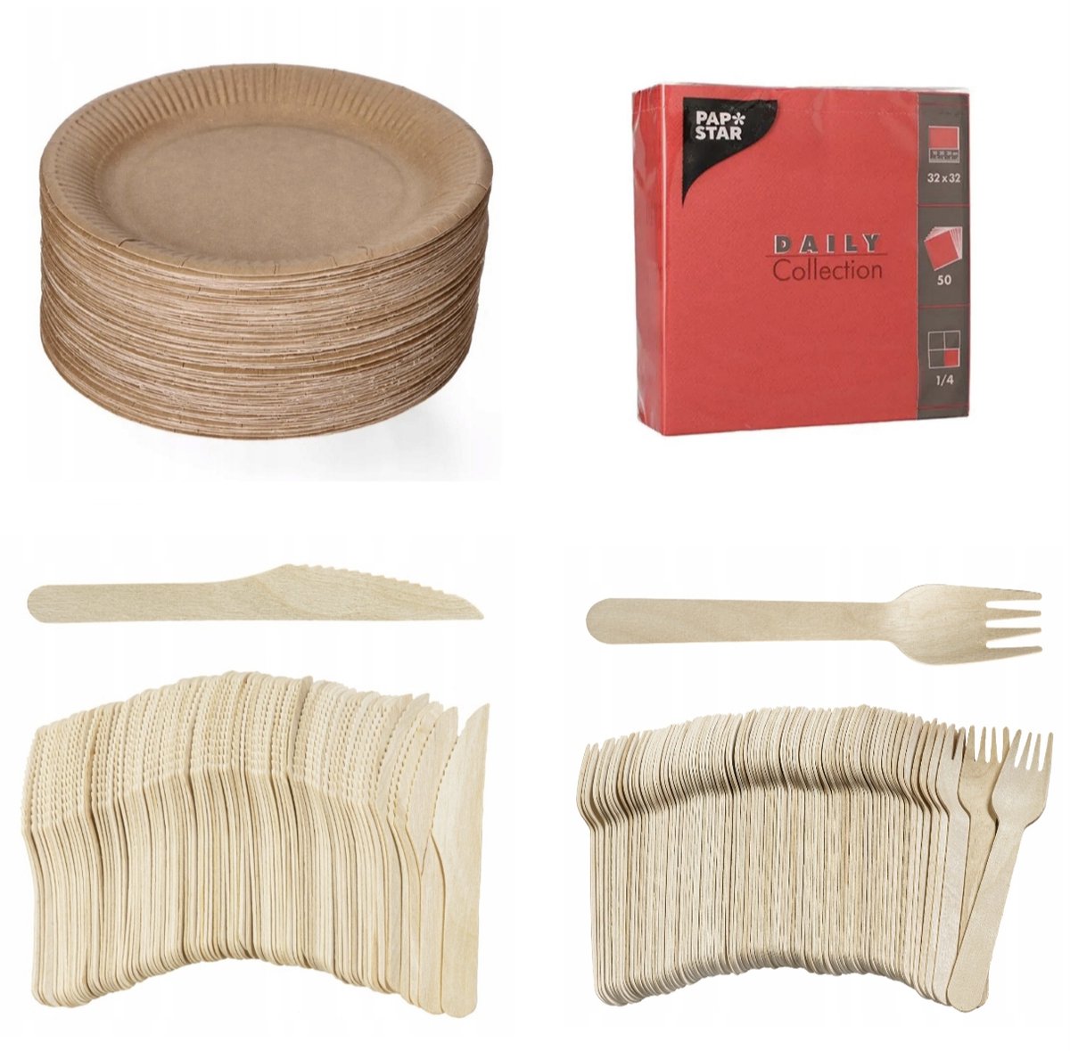 Image of 200 stuks x Houten wegwerp bestek set eco/milieubewust – 50 bruine kartonnen borden 23cm + 50 Vorken 16cm + 50 messen 16cm+ 50 servetten rood 32x32cm Feest/verjaardag/BBQ picknick
