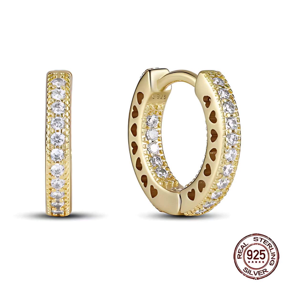 Oorbellen - 925 sterling zilver - goudkleurig - oorring - zirkonia - hartvormige uitsneden aan de zijkant