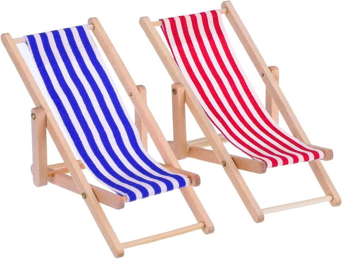 Miniatuur houten strandstoel voor poppenhuis en mobiele telefoonhouder met stoffen zitting