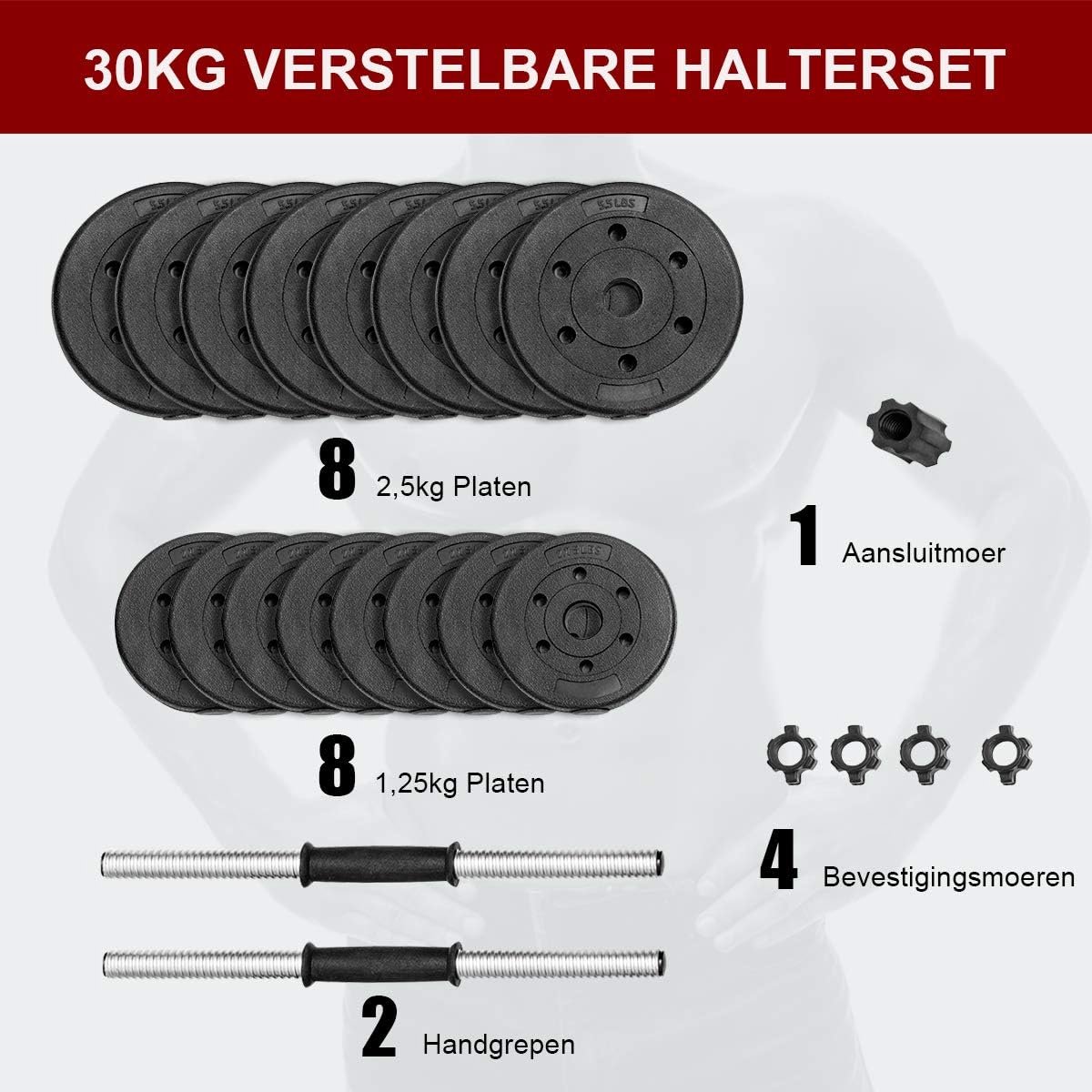 COSTWAY 2 in 1 Verstelbare halterset met anti-slip handvat 30 KG in gewicht verstelbaar, 8 x 2,5kg / 8 x 1,25kg, dumbbell set training apparatuur voor thuis of gymnastiek oefenen, duurzame fitness barbell optillen voor lichaamsbouw – foto 5