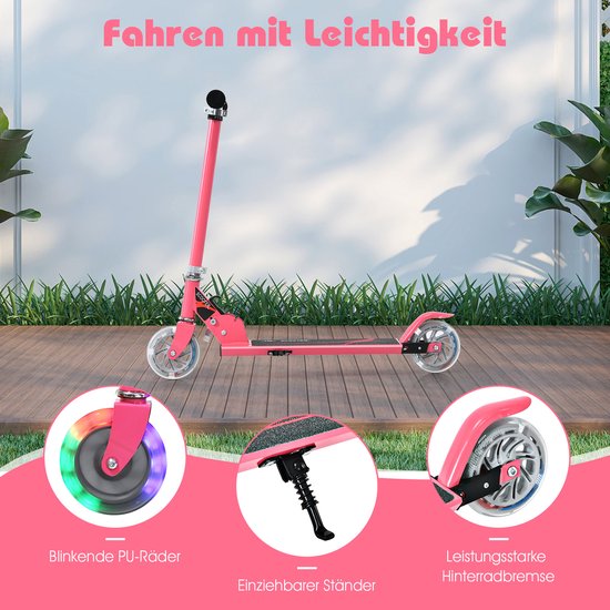 Trottinette rose avec roues LED clignotantes, béquille rétractable et frein arrière puissant.