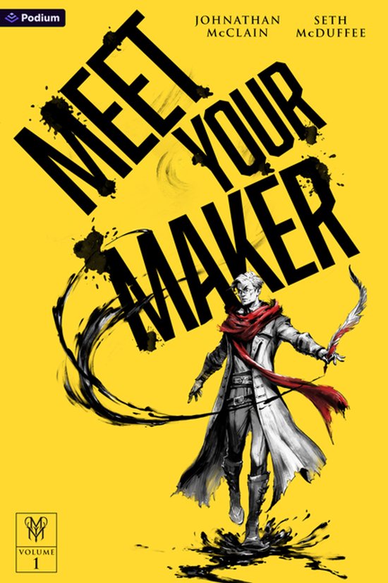 Boek "Meet Your Maker" met een man in een lange jas met een rode sjaal, die een veer vasthoudt. Geel met zwarte inktspatten.