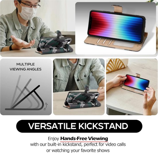 Zandarix Convient pour Apple iPhone 16e - Étui portefeuille - Rabat magnétique - Emplacements pour cartes - Béquille - Avec 2 protecteurs d'écran - Étui à rabat - Camouflage