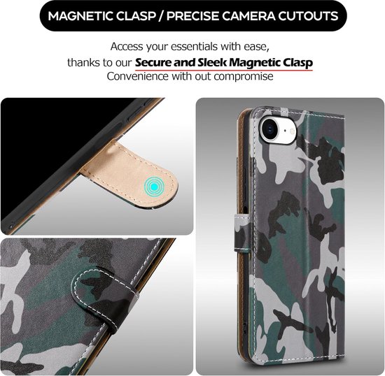 Zandarix Convient pour Apple iPhone 16e - Étui portefeuille - Rabat magnétique - Emplacements pour cartes - Béquille - Avec 2 protecteurs d'écran - Étui à rabat - Camouflage