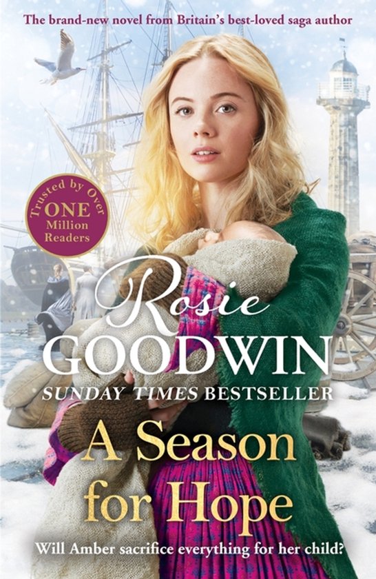 Een jonge vrouw met blond haar draagt een baby. Op de achtergrond een schip en een vuurtoren. Titel: A Season for Hope.