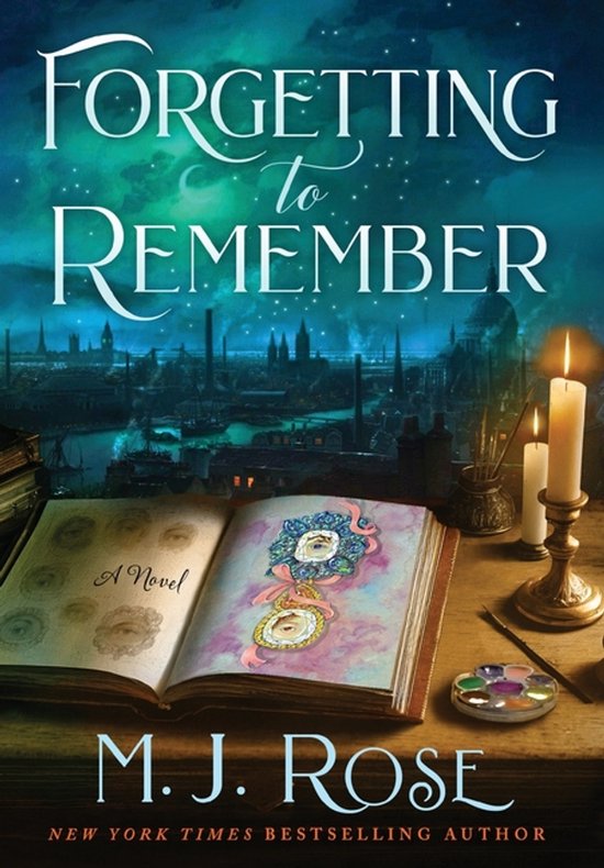 Boekomslag 'Forgetting to Remember' met geschilderde ogen in een open boek en een nachtelijk stadsgezicht op de achtergrond.