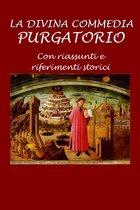 Boekomslag 'La Divina Commedia Purgatorio' met een schildering van Dante in een rood gewaad die een boek vasthoudt voor een scène met een piramide en een stad.