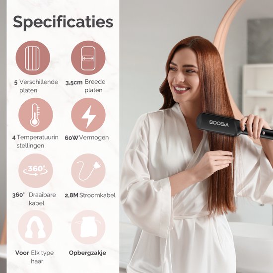 Vrouw met lang, steil bruin haar gebruikt zwarte stijltang. Specificaties tonen 5 verschillende platen, 3,5 cm brede platen, 4 temperatuurinstellingen, 60W vermogen, 360° draaibare kabel, 2,8M stroomkabel.