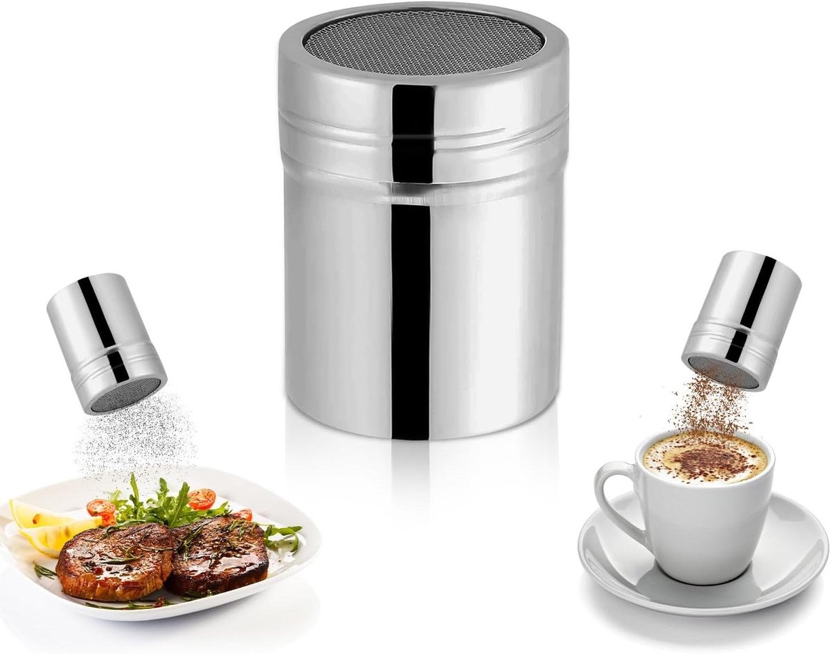 Stainless Steel Cocoa Powder Dispenser Dust Container - Chocolate Powdered Sugar Shaker Strainer Tins for Salt Pepper (6 oz 2 x 3 Inch)