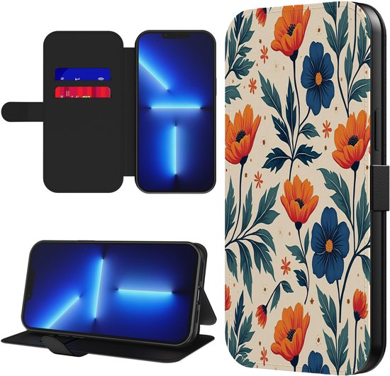 Collage van telefoonhoesjes: zwart hoesje met pasjeshouder en telefoon, en hoesje met bloemenprint.