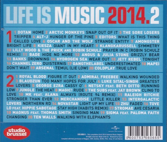 Albumcover met de titel Life Is Music 2014.2 in grote letters, met lijsten van nummers.