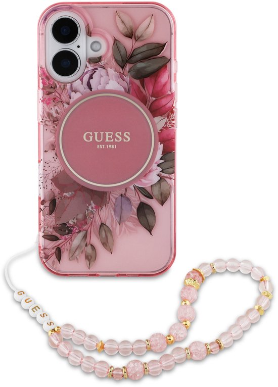 Étui Guess adapté à iPhone 16 avec cordon - Étui Guess MagSafe IML Fleurs avec bracelet en perles - rose