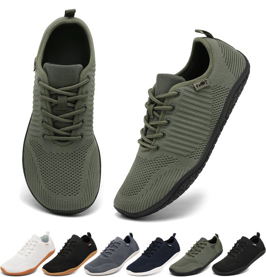 Geweo Barefoot Schoenen - Sportschoenen Sneakers - Fitnessschoenen - Hardloopschoenen - Ademend Knit Textiel - Platte Zool - Groen- Maat 42