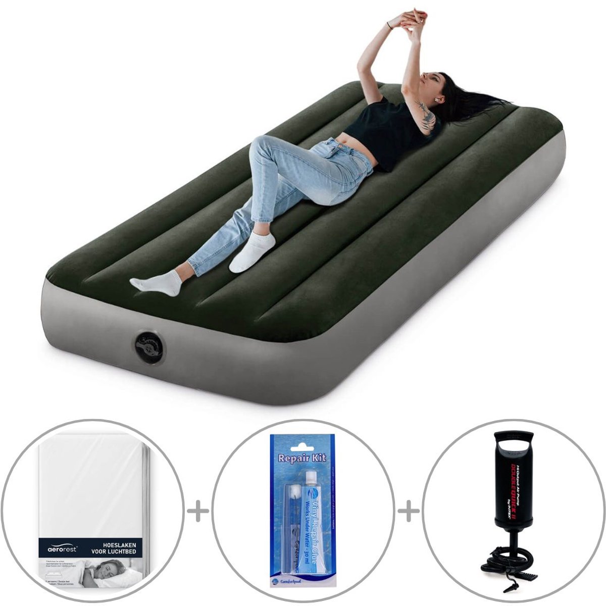 Intex Prestige Downy kampeerluchtbed | Eenpersoons | 191 x 76 x 25 cm | Inclusief handpomp + reparatiekit + hoeslaken