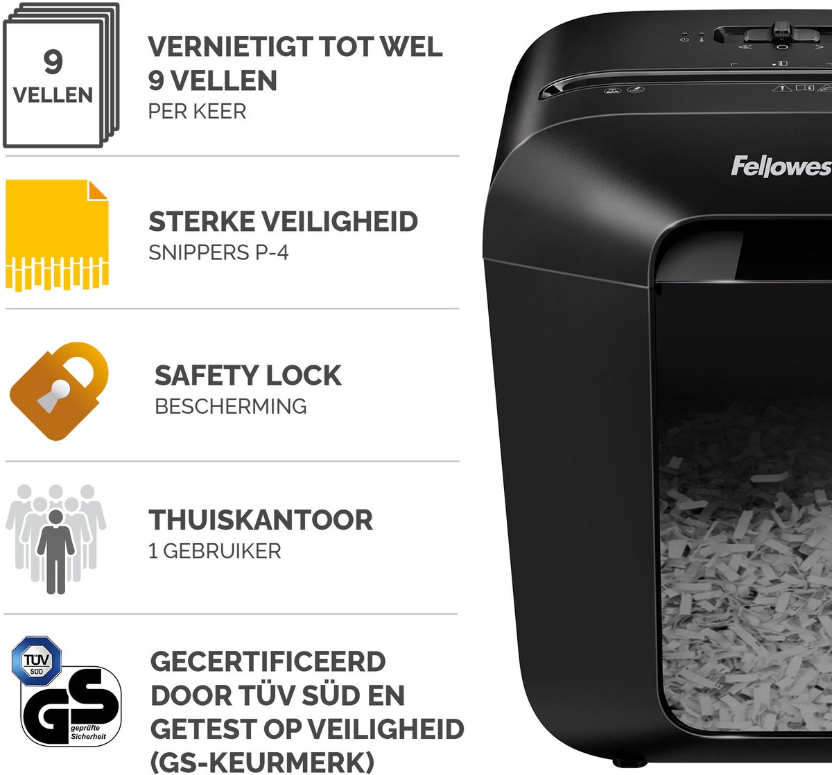 Fellowes LX50 Papierversnipperaar - Cross-Cut - P4 - 9 vel - 17L - Zwart - Voor thuis & thuiskantoor - Ook voor creditcards, nietjes & paperclips thumbnail 2
