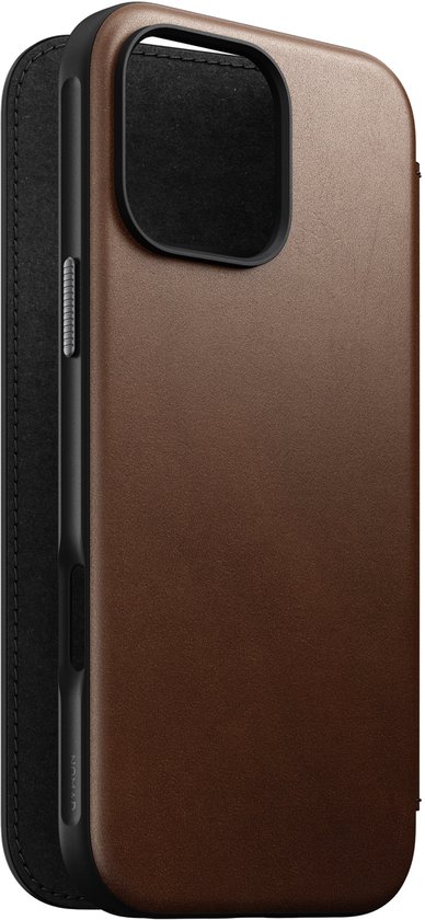 Coque Nomad adaptée à Apple iPhone 16 Pro Max | Folio en cuir moderne | Compatible avec MagSafe et le chargement sans fil | Book Case avec porte-cartes | Cuir véritable | Marron