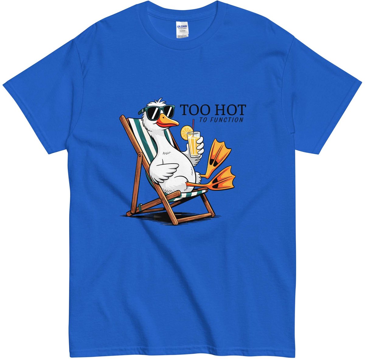 Grappig en Vrolijk T Shirt Dames Heren - Cartoon Gans - Quote Tekst: Too Hot To Function - Blauw - XL