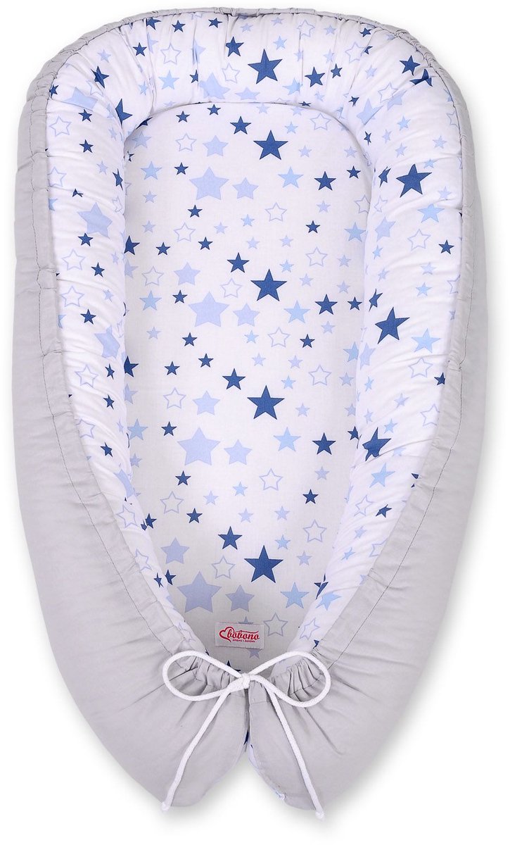 Babynest dubbelzijdig Premium Cocoon voor baby's BOBONO- blauwe sterren/grijs