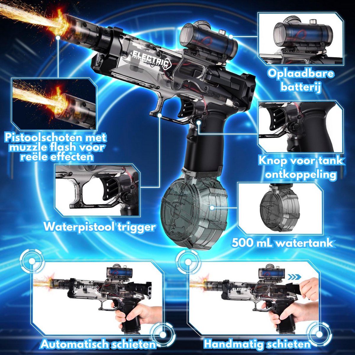 Pumpify Waterpistool – 2 in 1 – Elektrisch Waterpistool – Buitenspeelgoed – Super Soaker – Waterspeelgoed – Met Flits Bij Ieder Schot – Watergeweer – Speelgoed - 3 Jaar - 4 Jaar - 5 Jaar - Glock – Watergun – Waterblaster - Zwart + Blauw — afbeelding 4