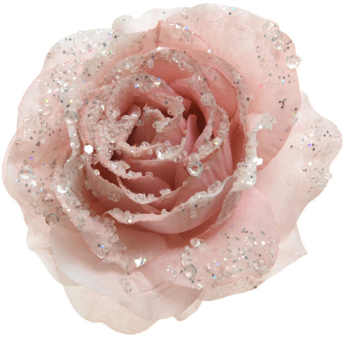 Decoris Decoratie roos - op clip - poeder roze - D14 cm - kunststof - kerstbloem - bloemen - kerstboomversiering - kerstornamenten