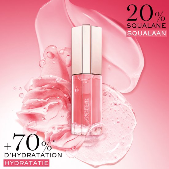 Lancôme lipgloss flesje met roze textuur en rozenblaadjes. Tekst: 20% Squalane, +70% Hydratatie.