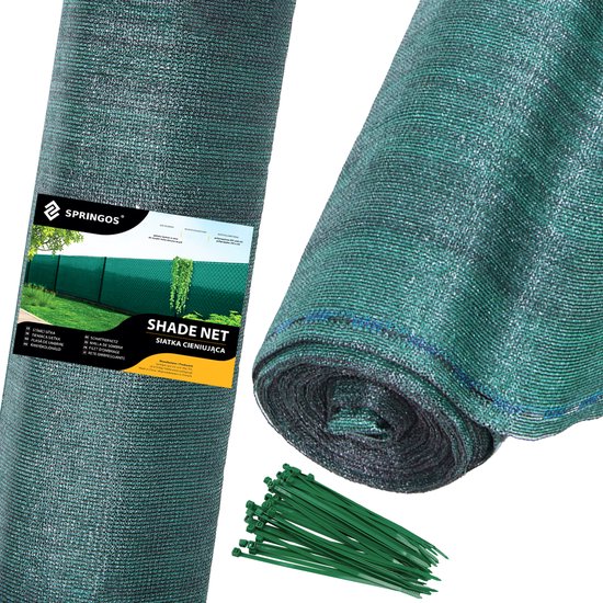 Rol groen schaduwdoek met groene kabelbinders.