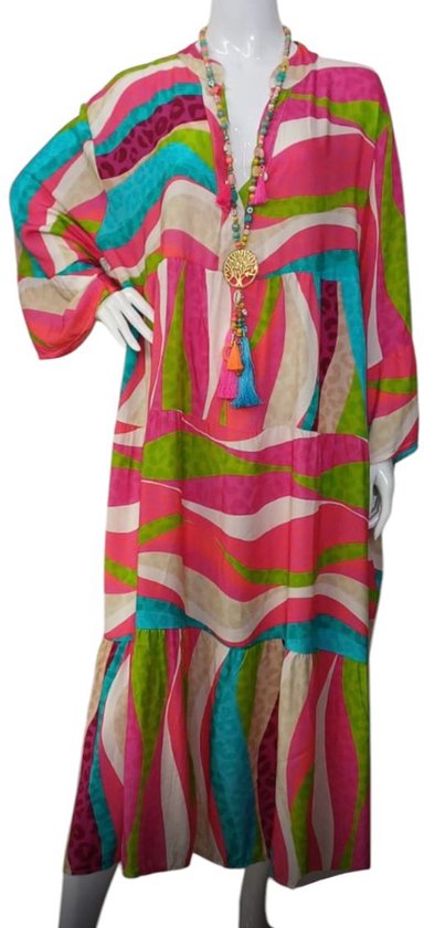 Dames Lange Jurk in grote maten onesize 50-54 groen/roze/blauw