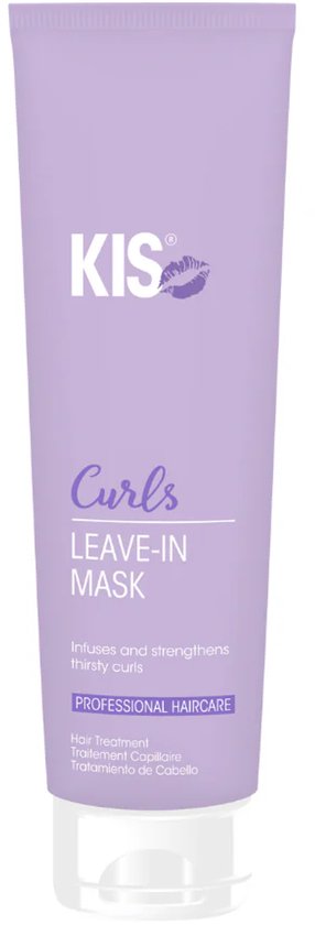 Paarse KIS Curls Leave-In Mask tube met witte dop. Tekst: Curls Leave-In Mask, Infuses and strengthens thirsty curls.
