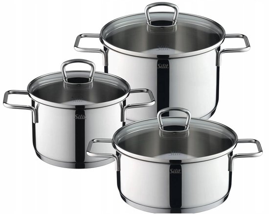 Batterie de cuisine Silit Alicante 6 pièces – Casseroles de cuisson en acier inoxydable avec couvercle en Verres – Compatible induction – Compatible lave-vaisselle et four – Batterie de cuisine de qualité