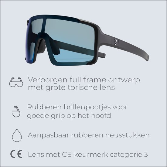 Fietsbril met matzwart montuur, grote blauwe spiegelende lens en verborgen full frame ontwerp.