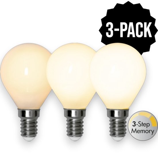 Pack de 3 ampoules sphériques avec culot E14, lumière blanc extra chaud, mémoire 3 positions.