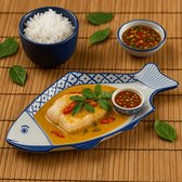 Vis Schaal - Vis Bord diep - Visschaal - Presenteerschaal wit blauw - Thais servies - Pineapple patroon - 38 cm