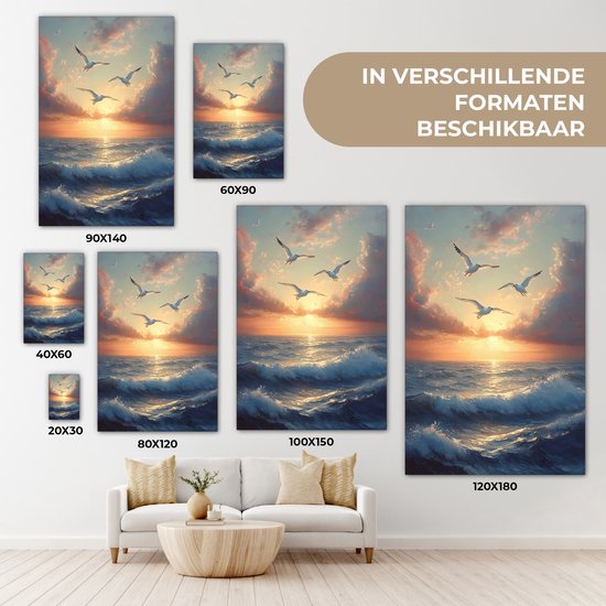 Tableau sur toile 60x90 cm - Décoration murale exclusive Mouettes - Coucher de soleil - Mer - Nuages ​​- Décoration murale salon - Décoration chambre - Accessoires chambre - Peintures sur toile