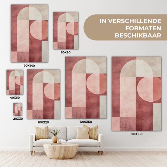 Peinture abstraite rose, beige et blanc, avec des cercles et des rectangles. Différentes tailles présentées.