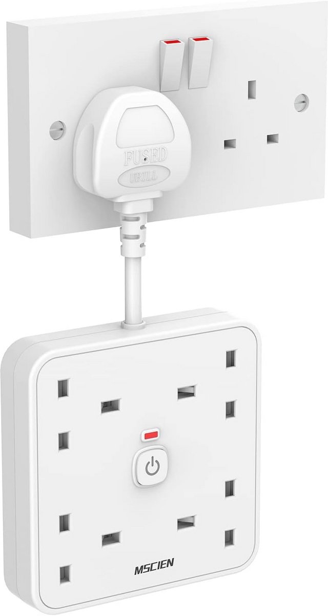4-way Power Strip with 4 USB Ports (1 Type-C and 3 USB-A) - Short 5CM Extension Lead with LED Switch for Home, Office, and Dorm