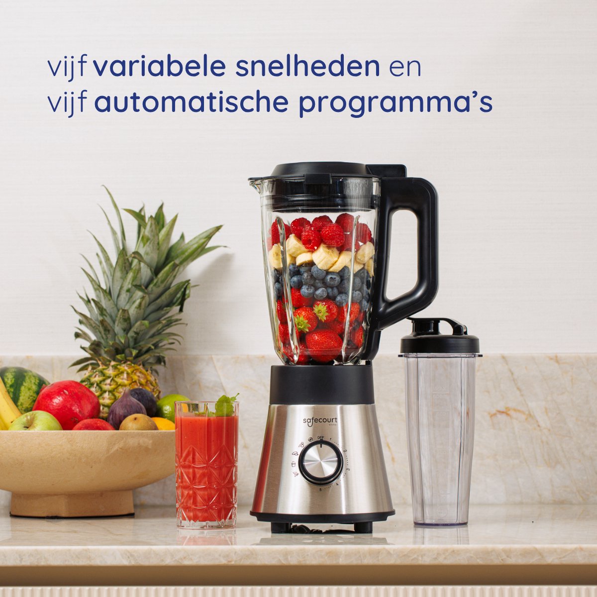 BPA-vrij Roestvrijstaal Ijs Crusher Safecourt Kitchen Blender 1200 Watt - 1,5L Kan 600ml Reisbeker, Ijscrusher, BPA-vrij, Roestvrijstaal, Voor Smoothies En Soepen 1.5L Glazen Kan 600ml Reisbeker