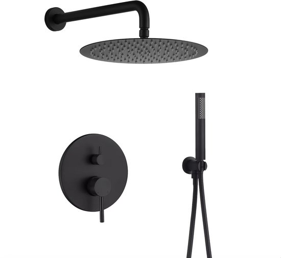 WEBO Valencia regendoucheset - Inbouw - Mat Zwart - Doucheset - 25cm - Stortdouche - Luxe Douchekop - Complete doucheset - Inclusief Handdouche